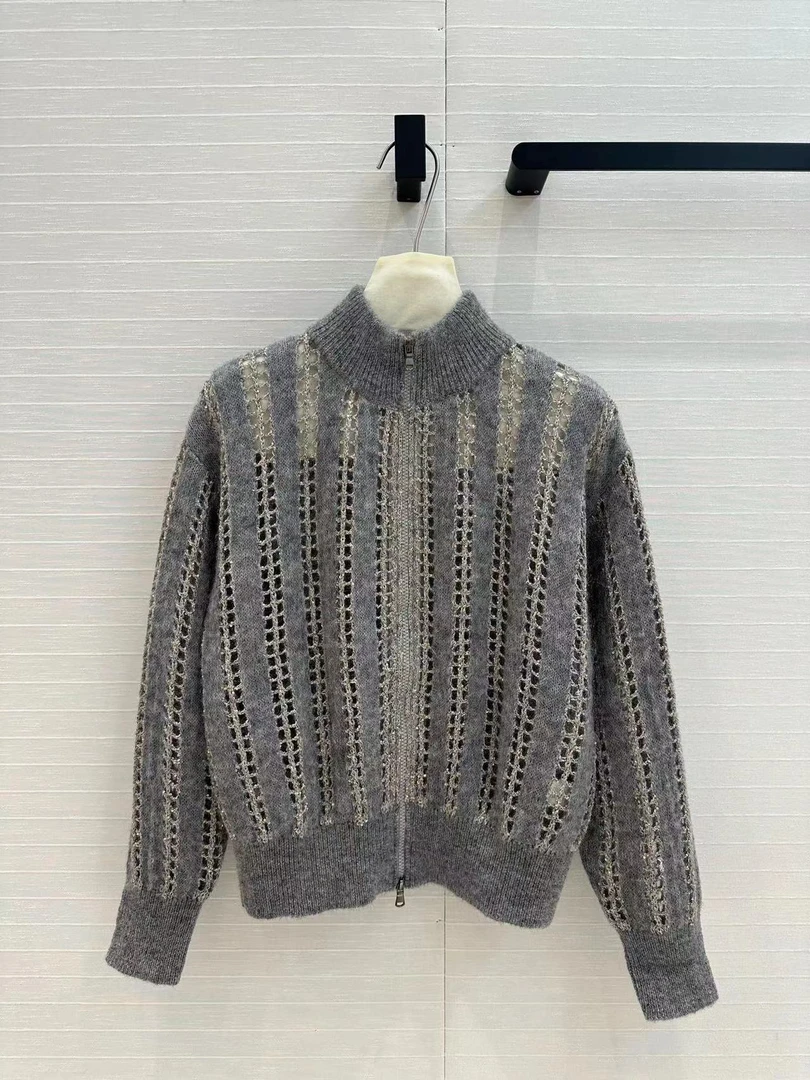 2024年早秋新款镂空针织拉链上衣