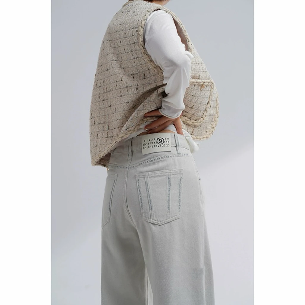 【388】63宝宝超爆款高级灰白调白标窄版直筒阔腿牛仔裤花~