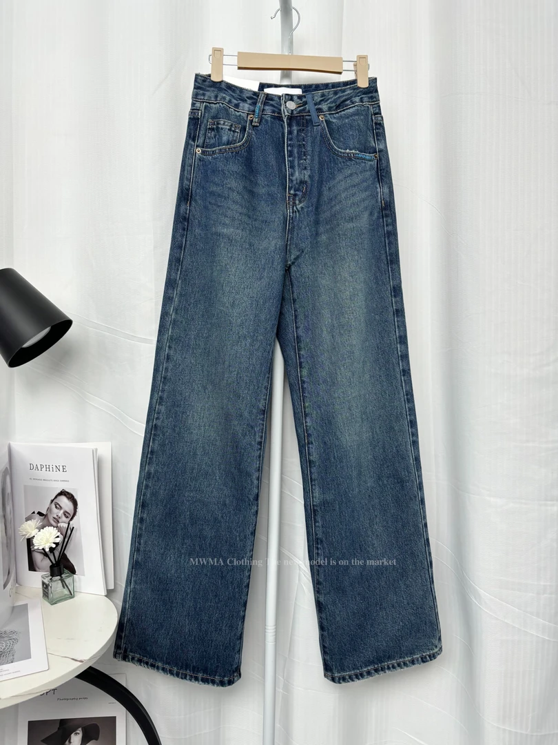 【323】85秋秋MWMA超断货王蓝色刺绣窄版直筒阔腿牛仔裤花~