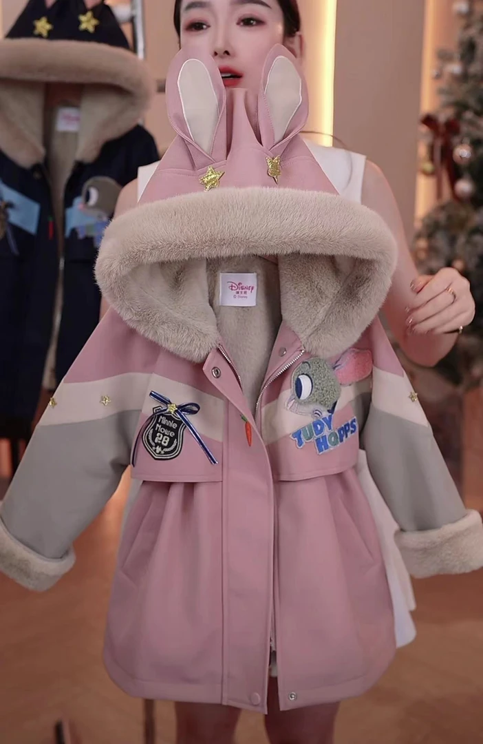 【高质】女童秋冬2025新款淑女卡通派克服兔子警官棉袄加绒加厚外套