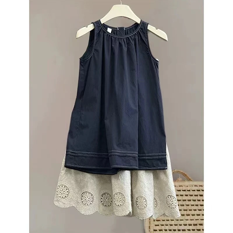 新款韩版女童夏季时髦连衣裙套装童装儿童百搭复古背心裙半身长裙