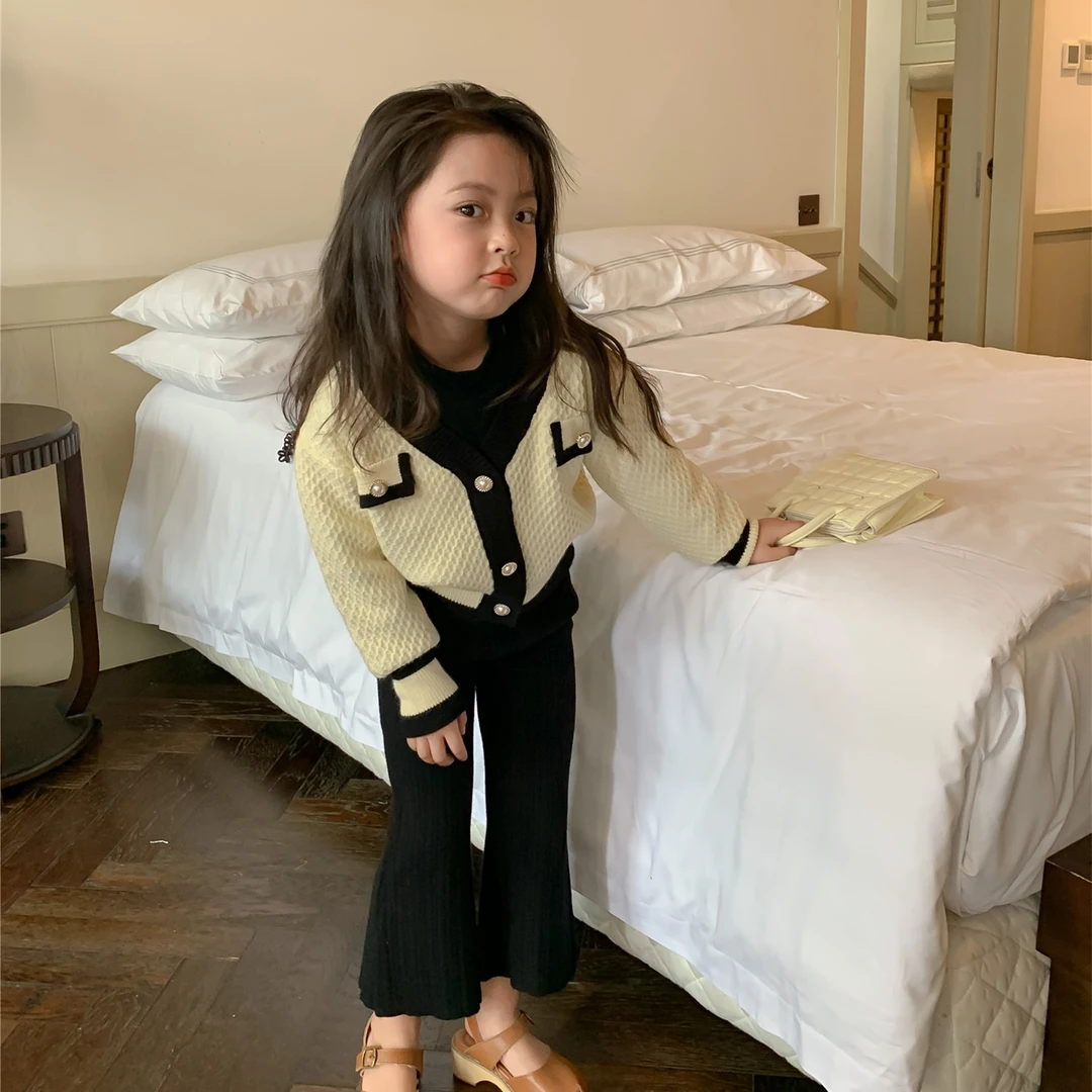 女童小香风套装秋季韩版女孩时尚毛衣开衫小童毛线喇叭裤两件套潮