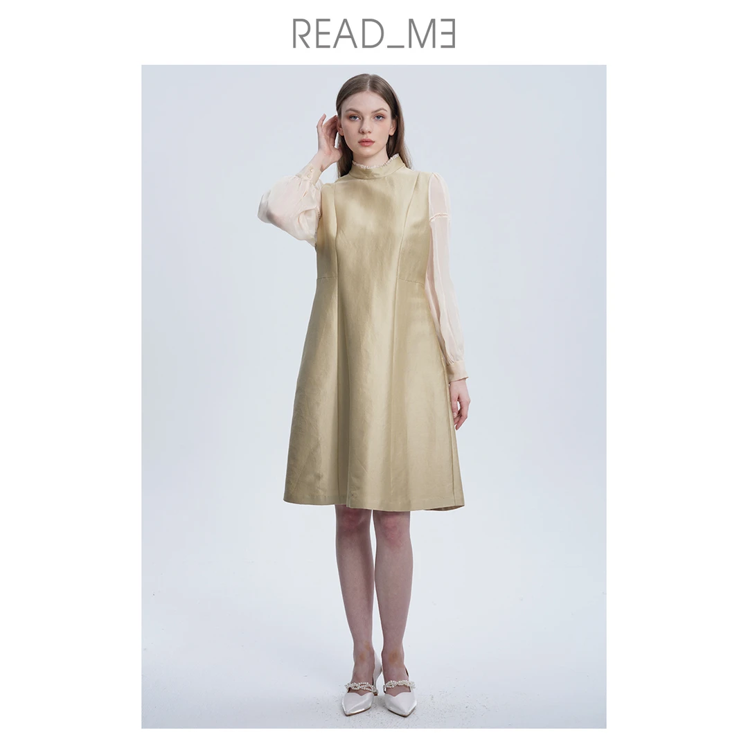 README60820315撞料立领合腰连衣裙宽松连衣裙女装连衣裙长袖休闲