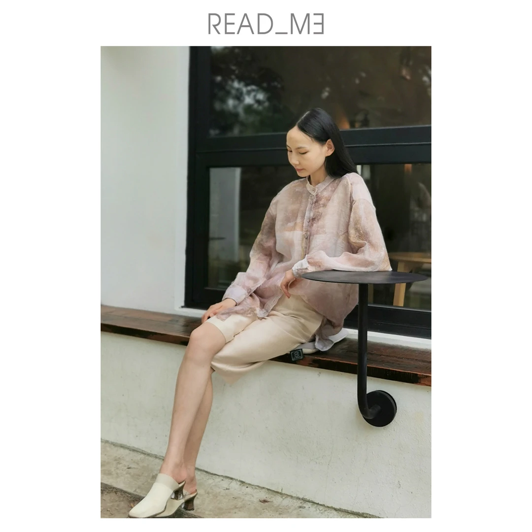 READMEB30102118油画衬衣时尚印花长袖气质立领女士