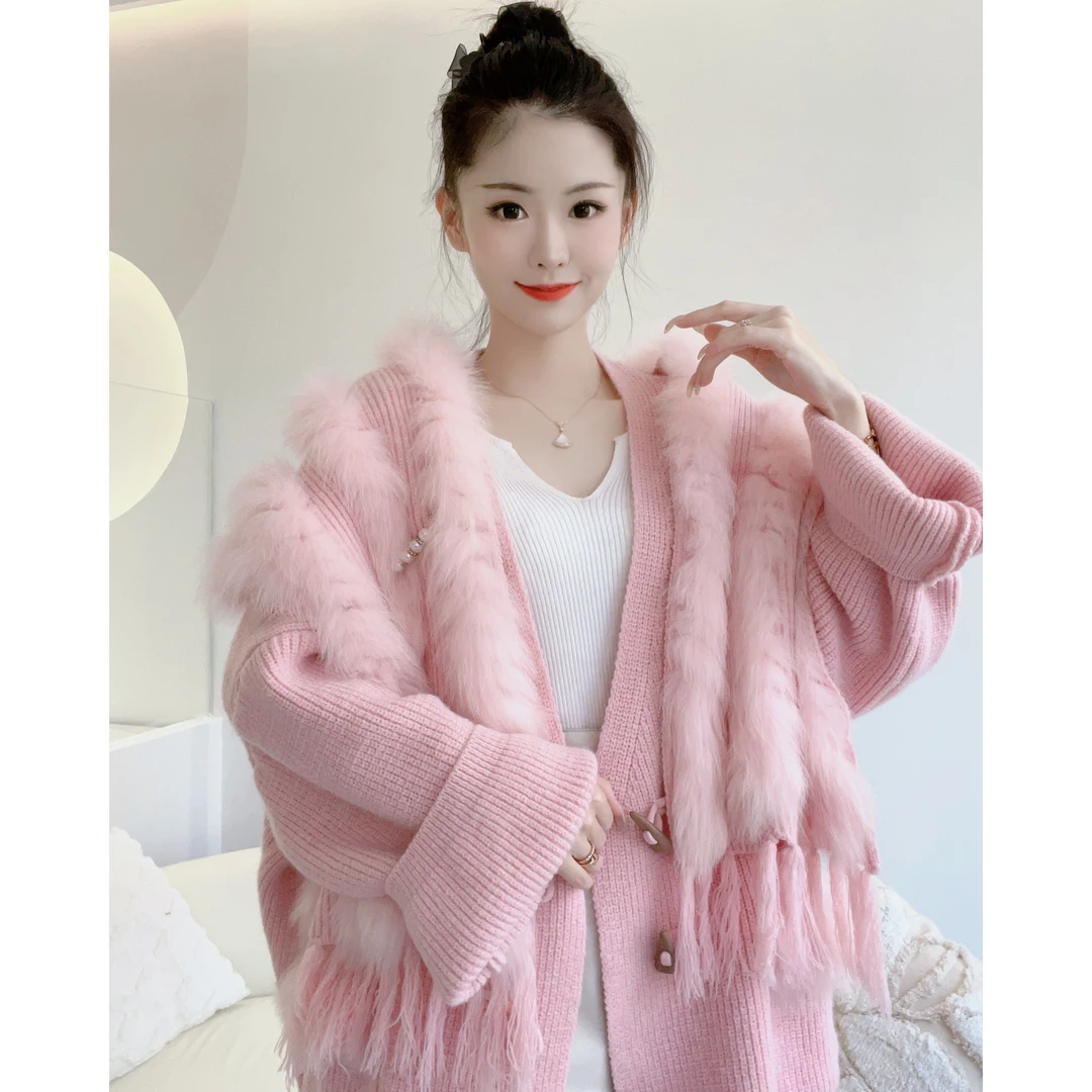 【爱路莎】572-2368 新款狐狸毛慵懒风针织领子可拆卸 女士针织外套
