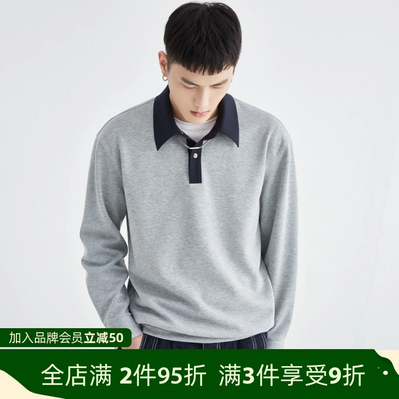 春季翻领撞色长袖T恤Polo衫时尚卫衣宽松打底衫设计感百搭上衣