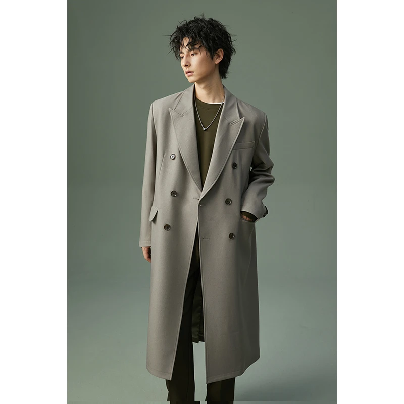 春秋新款百搭双排扣风衣休闲男装宽松长款高级设计感外套潮流08