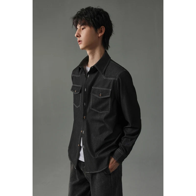 【清爽少年感】春秋新款时尚无限男士牛仔多口袋长袖衬衫精致雅痞13