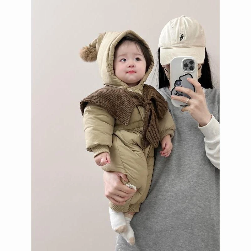 婴儿冬款连体衣可爱连帽哈衣加绒爬服女宝宝冬装服超萌加厚抱衣