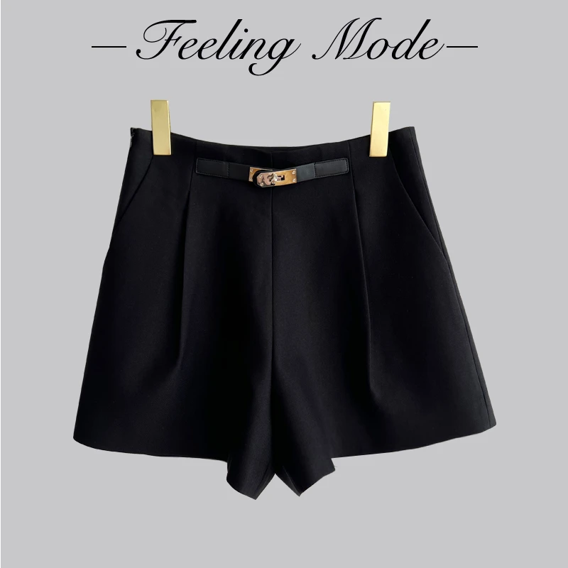 高腰拼接金属扣阔腿黑色休闲百搭阔腿西装短裤JN3442