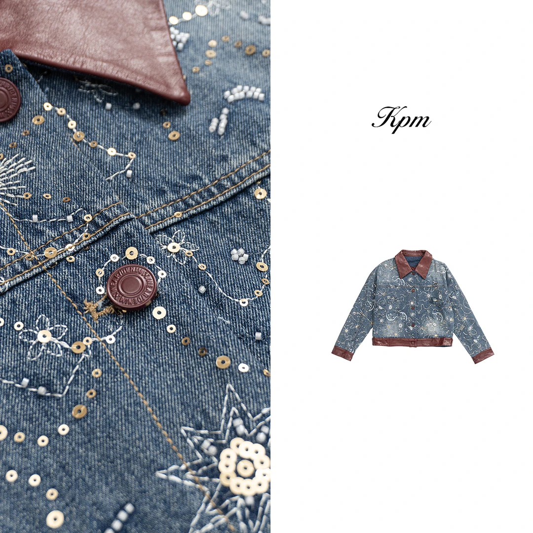 2024秋季新款复古拼接重工刺绣亮片时尚潮流翻领牛仔外套  JN6290