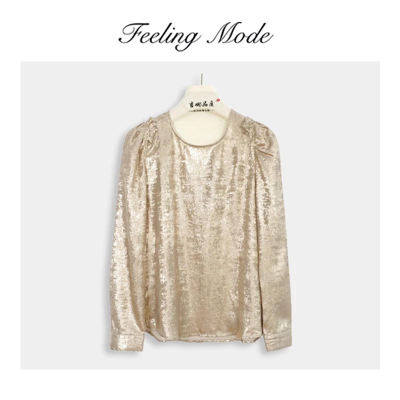 2023秋季新款圆领长袖衬衫设计感小众气质轻奢女士上衣JN4568