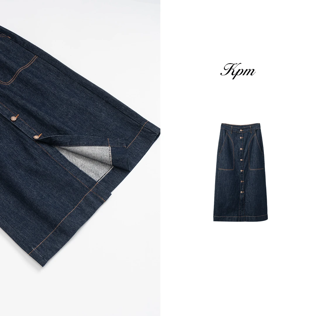2024新款时尚潮流百搭明线显瘦直筒复古纽扣开叉牛仔半裙  JN6321