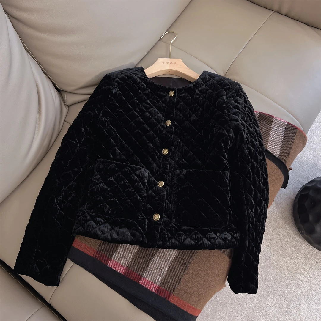 秋冬新款洋气小香风菱格休闲百搭圆领丝绒外套JN4881