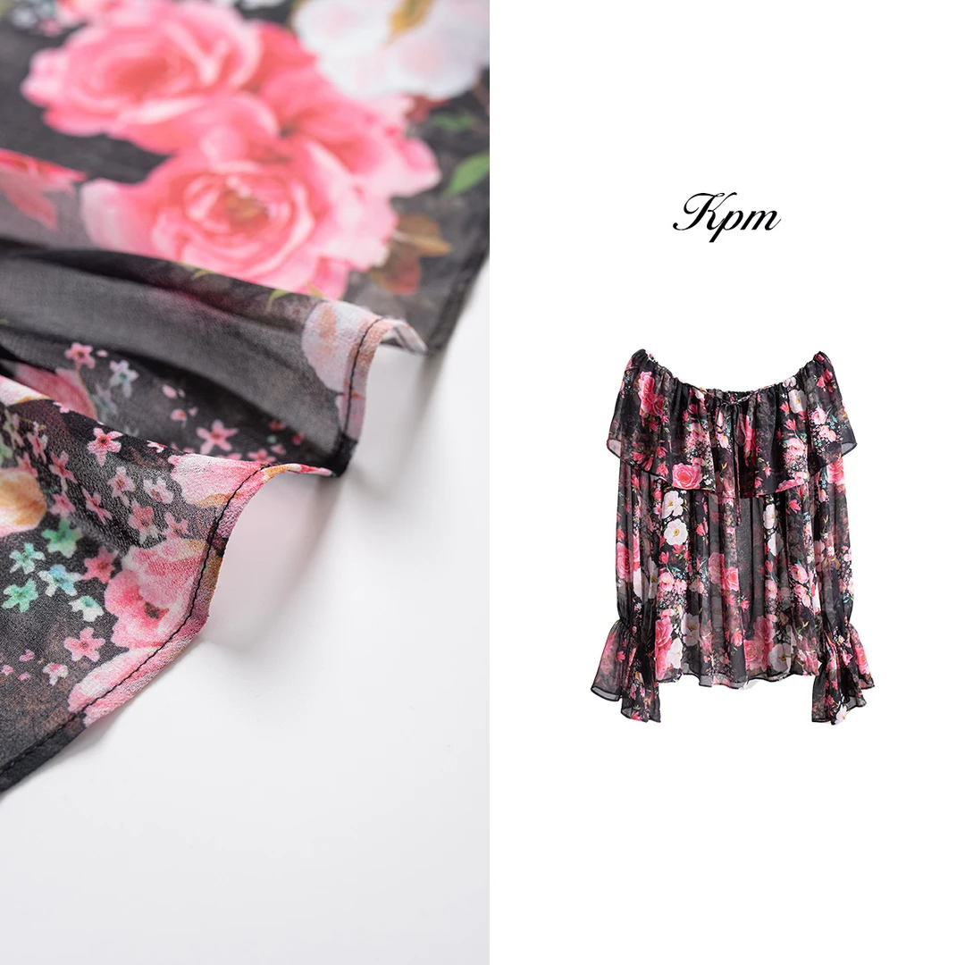 夏季新品时尚气质优雅印花薄款一字荷叶领上衣JN5596