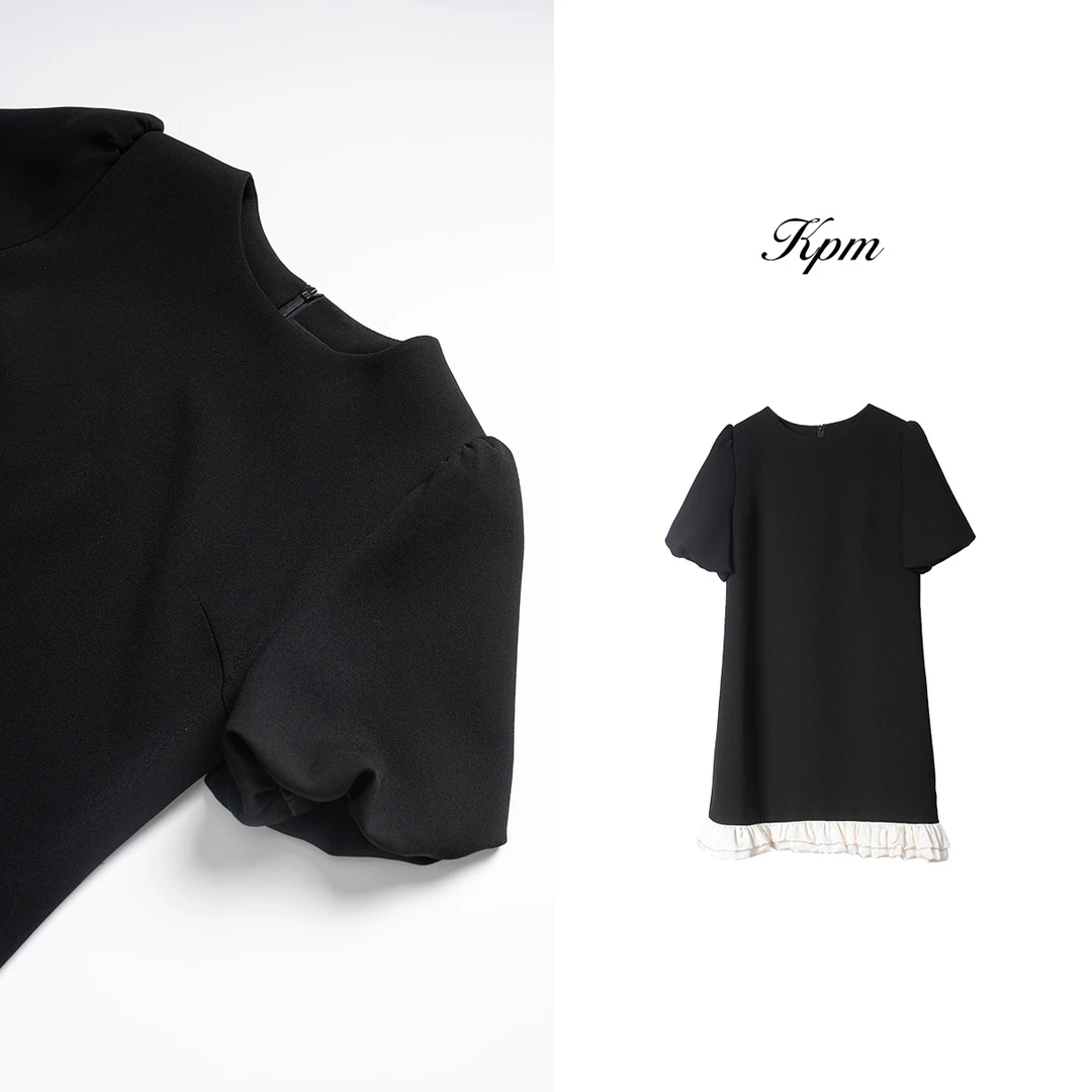 夏季新品时尚气质设计师拼接波浪边泡泡袖纯色薄款连衣裙JN5570