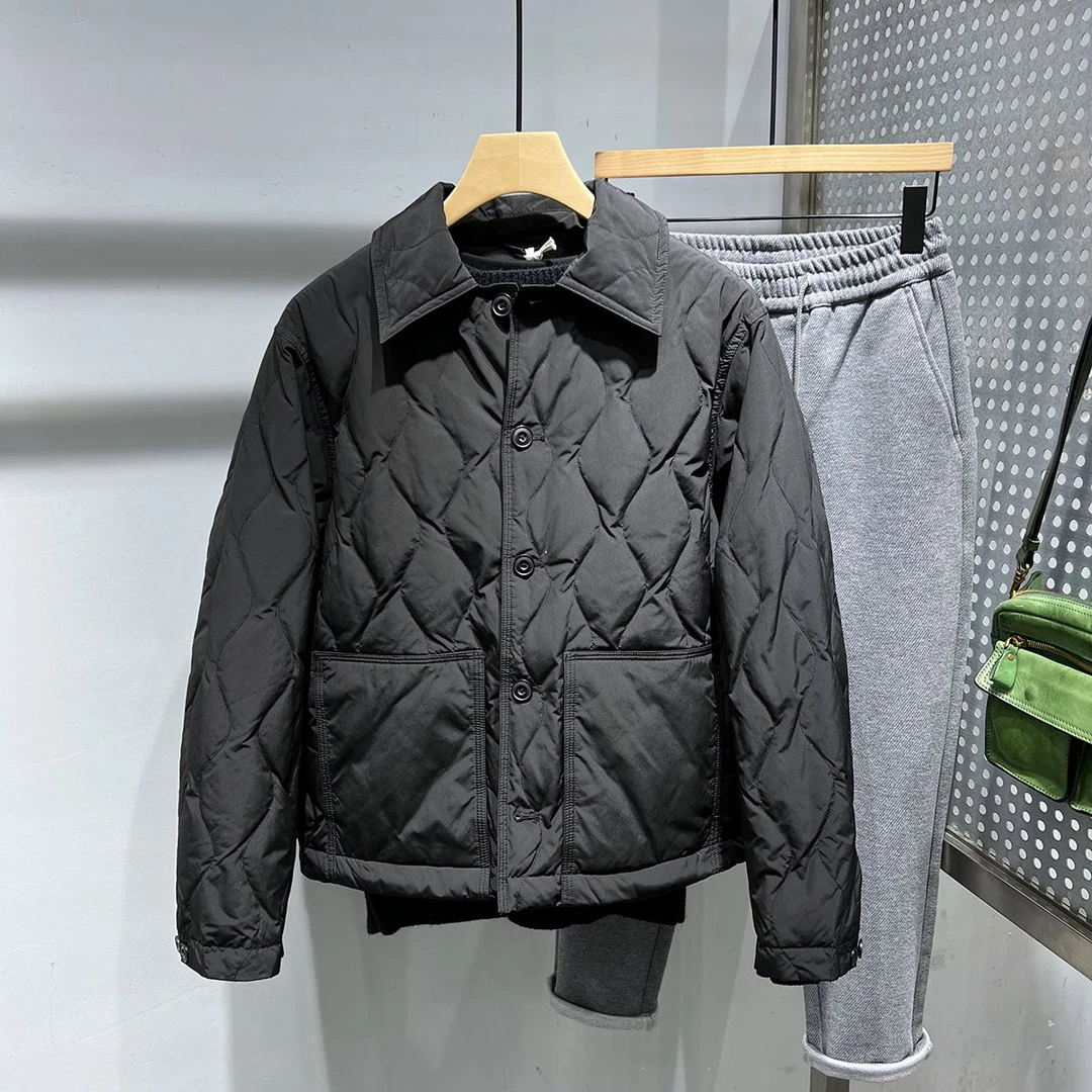 冬季新款衬衫领菱格纹理轻薄保暖羽棉棉服外套男休闲百搭厚款棉衣