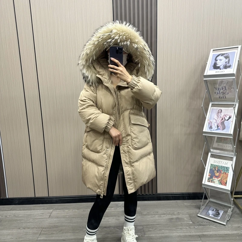 【升级版】大毛领中长款羽绒服女2025秋冬新款韩版宽松保暖连帽外套