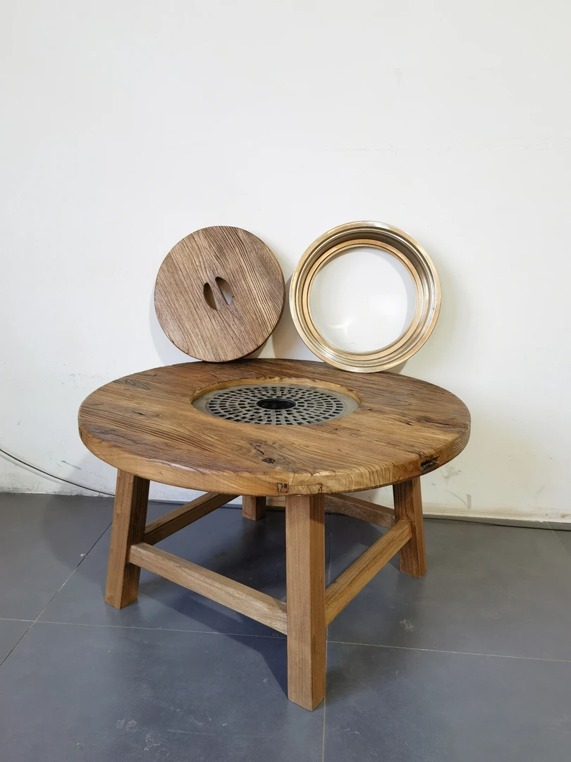 80直径高度5厘米厚46高，6厘米厚47高厘米老榆木围炉茶桌实木火锅