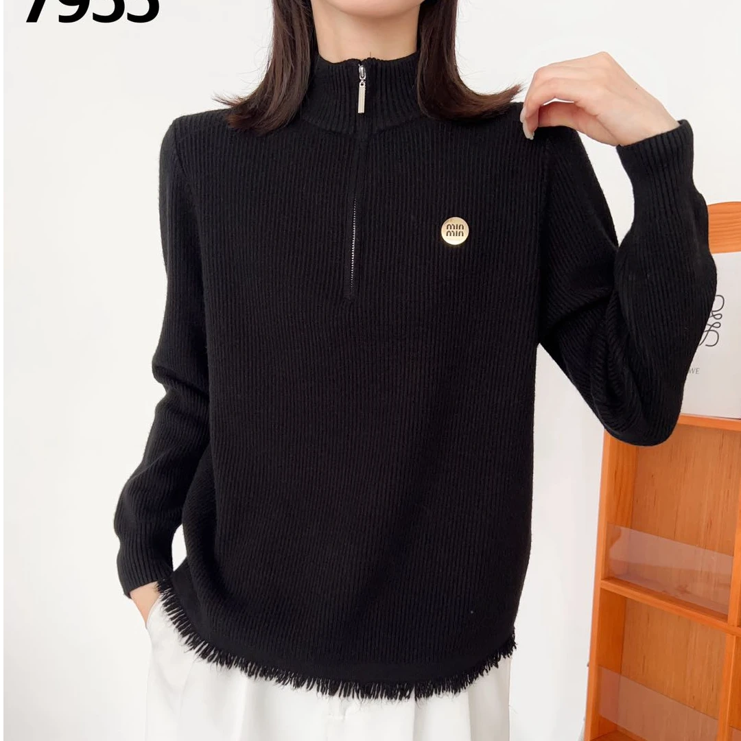 7955-拉链流苏款-直角肩半拉链设计宽松洋气时尚针织衫