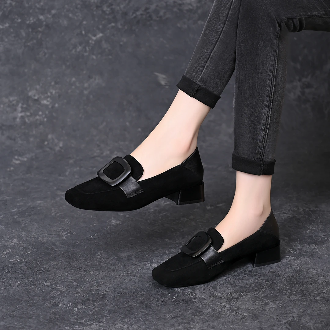 2025新款秋季方头皮鞋女粗跟低跟软皮深口单鞋秋款英伦风百搭女鞋