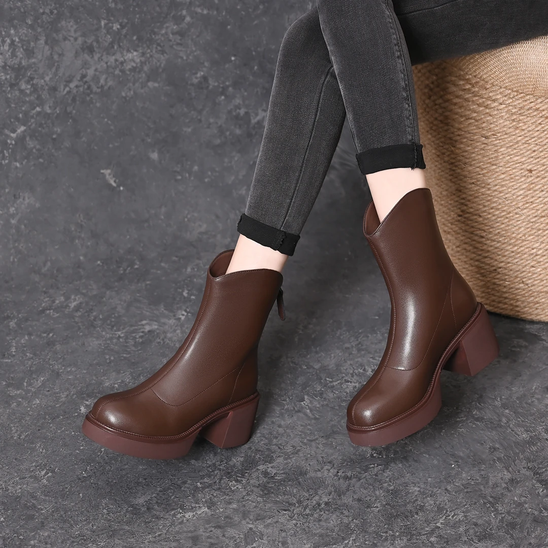 百搭高跟马丁靴女2025年新款秋冬粗跟加绒皮靴保暖短靴厚底中筒靴