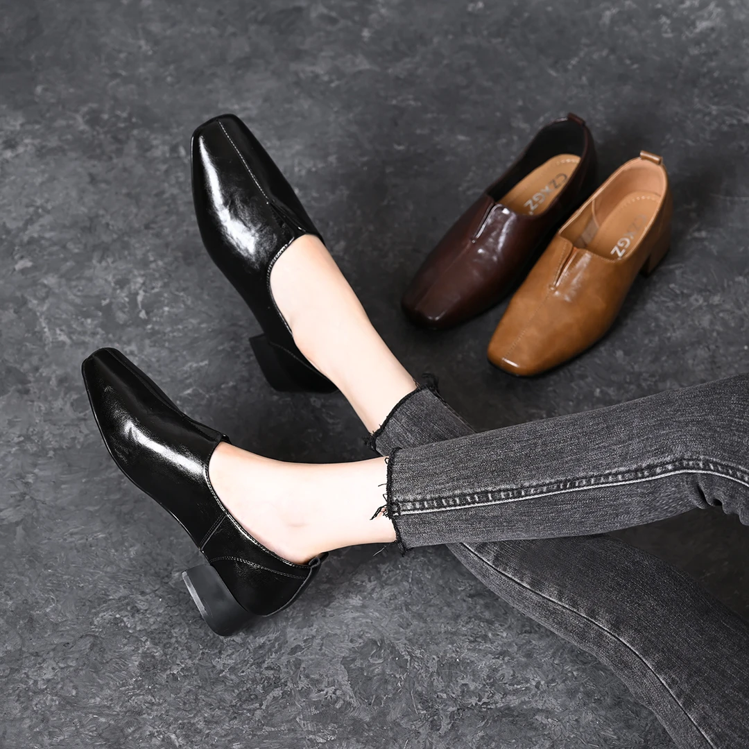 软底方头时尚深口中跟舒适单鞋女秋季新款软皮粗跟松紧一脚蹬皮鞋