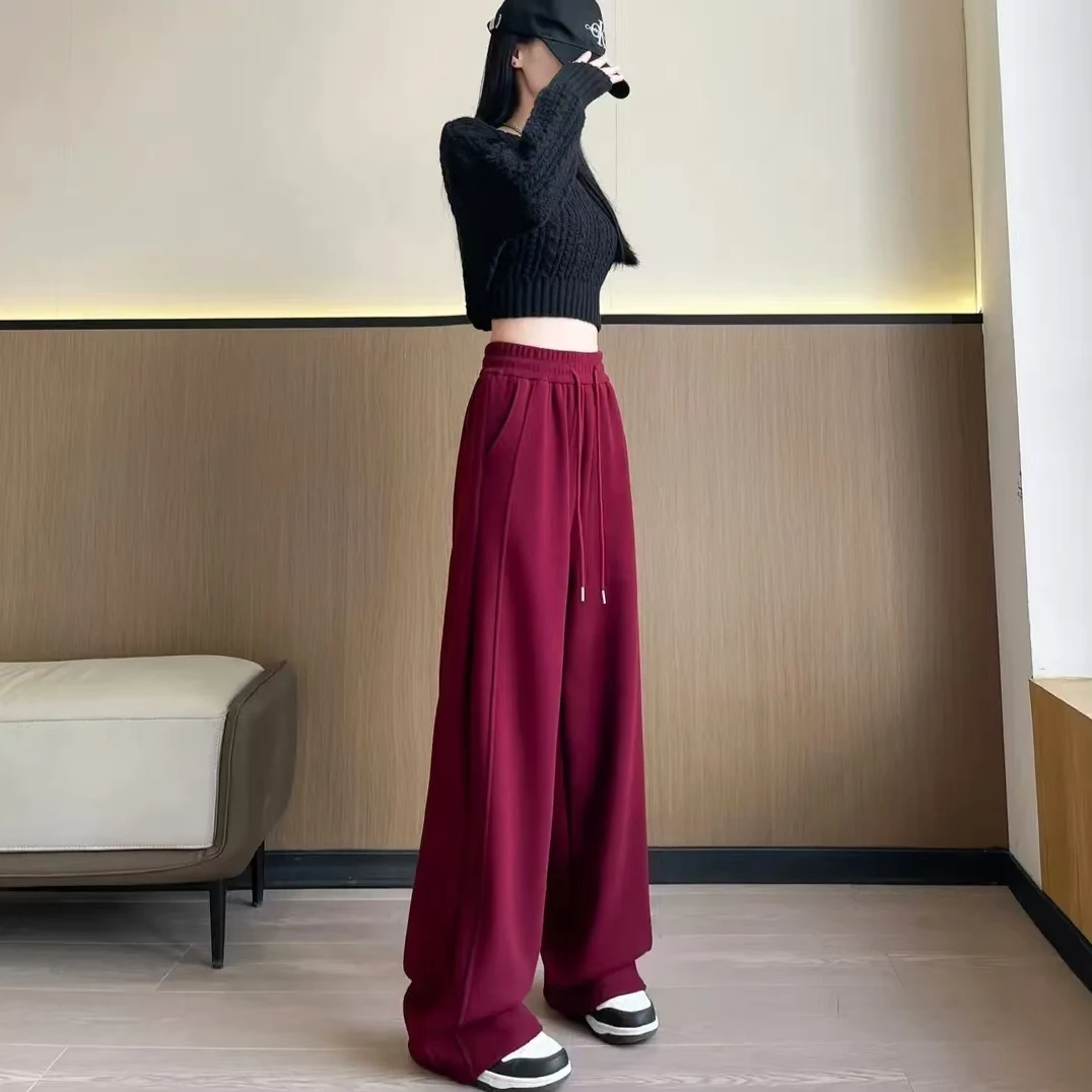 2024新款秋冬羊毛蚕丝防风裤垂感高腰抽绳显瘦百搭休闲阔腿裤9689