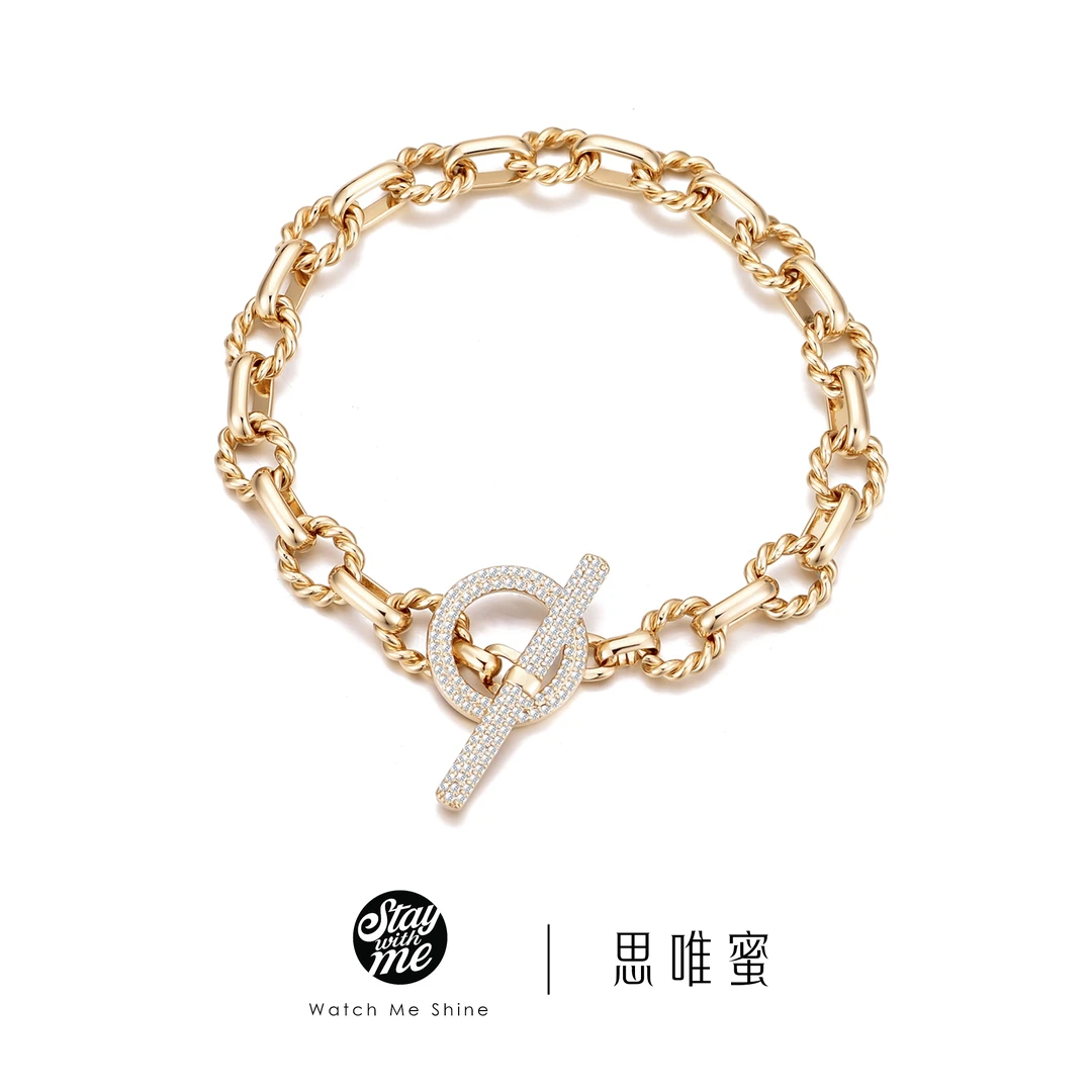 STAY WITH ME 铜合金合成锆石手链 小众设计满钻锆石T扣手链