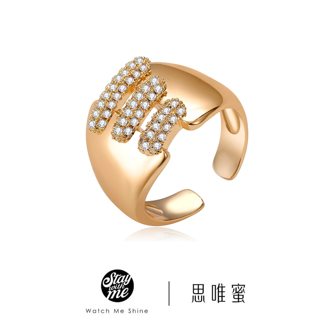 STAY WITH ME 铜合金合成锆石戒指 小众设计三排锆石时尚复古戒指