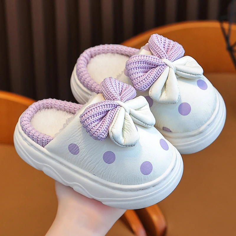儿童棉拖鞋秋冬季女童居家外穿防水保暖公主加厚女孩皮面毛毛拖鞋