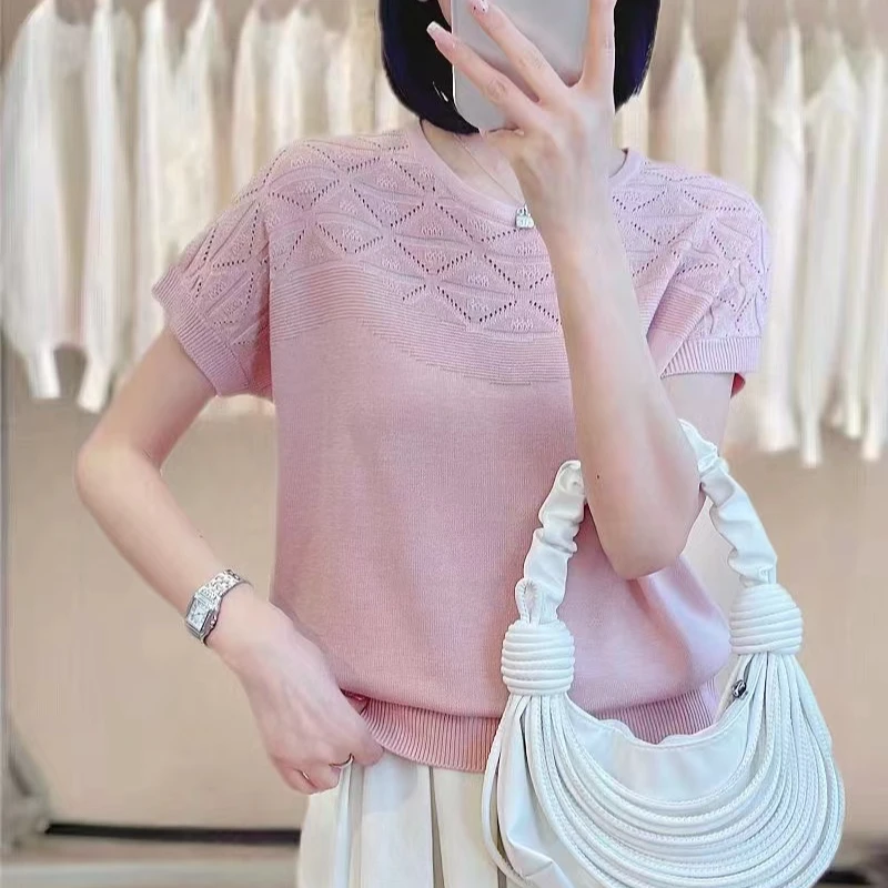 【镂空提花】女士短袖上衣洋气针织衫体恤衫显瘦气质时尚百搭夏季