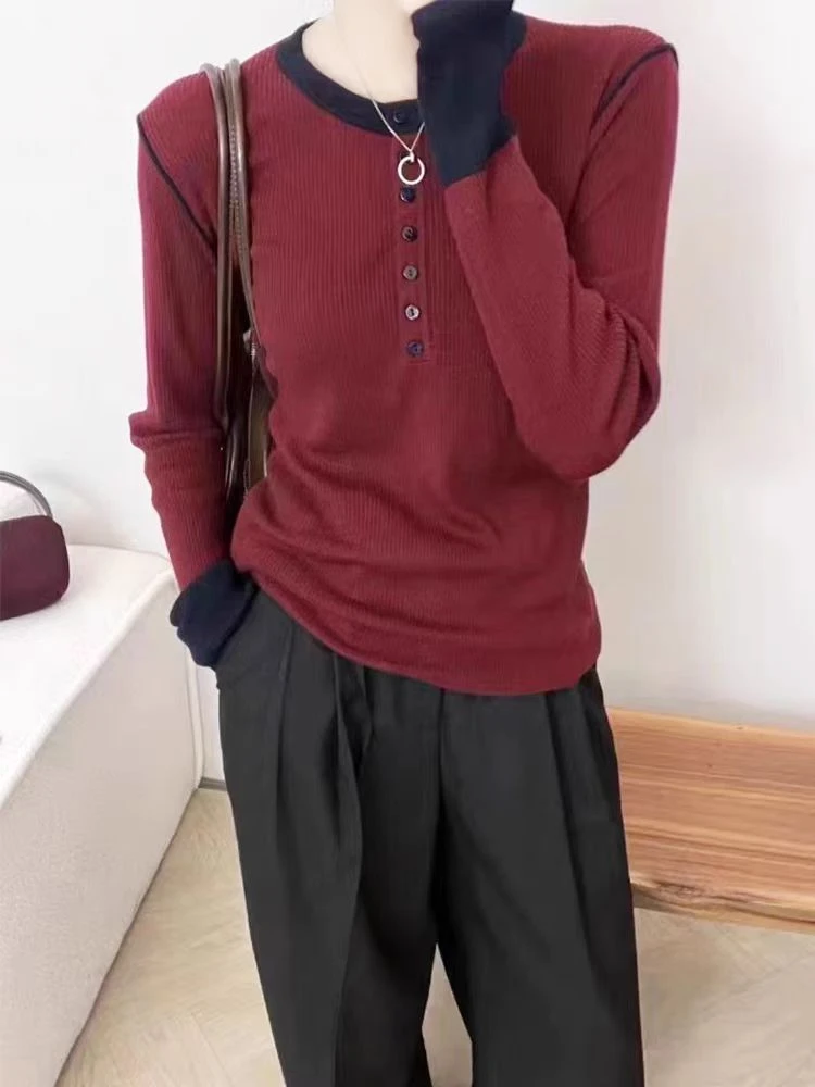 【纽扣】2024秋新款打底衫套头纽扣长袖针织衫毛衣上衣女冬