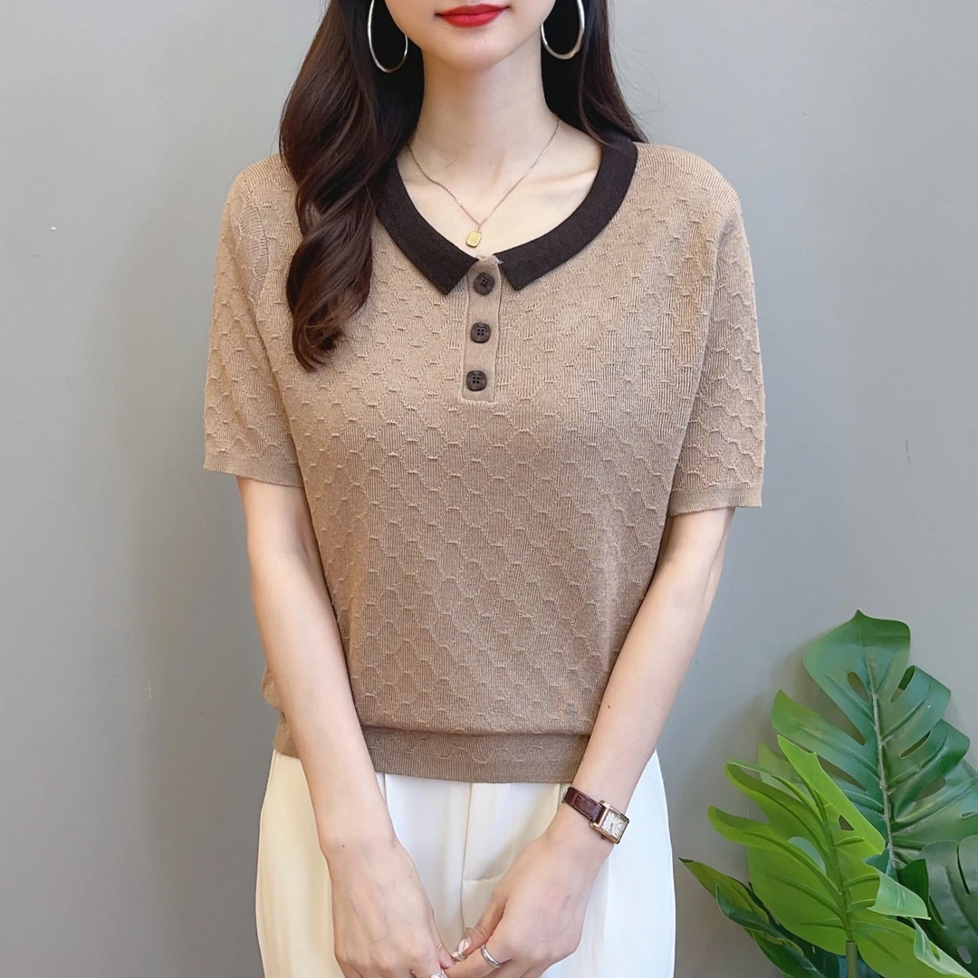 【香奶奶】夏季娃娃领短袖洋气针织衫体恤衫宽松气质百搭时尚显瘦