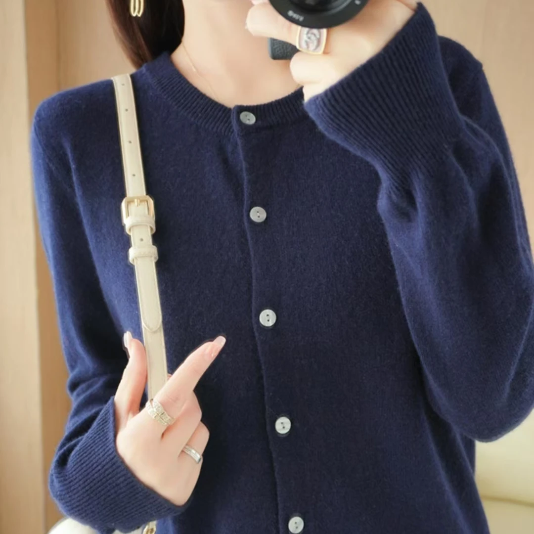 【藏青】秋冬纯色外穿女圆领开衫百搭毛衣外套短款宽松针织长袖外搭