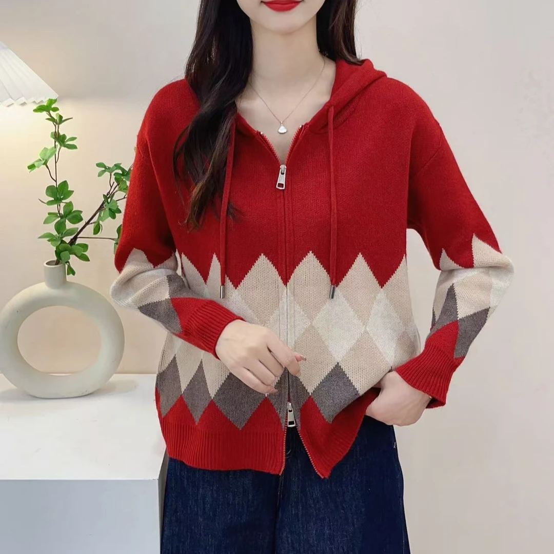 【菱形连帽】宽松加厚连帽毛衣女2024秋冬针织衫菱形毛衣上衣外套