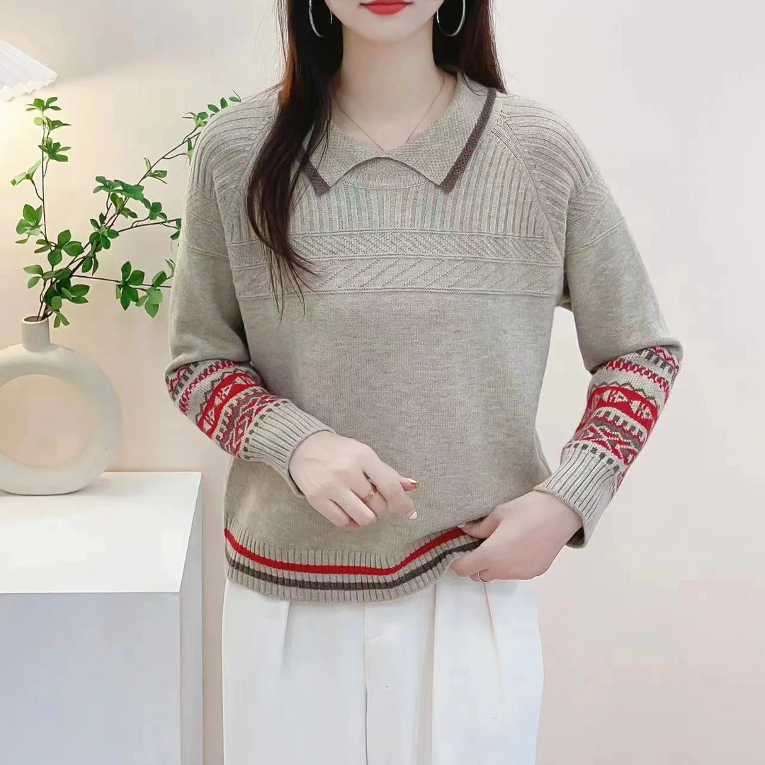 【浅咖】2024新款秋冬翻领毛衣女宽松内搭针织衫长袖春秋上衣打底衫