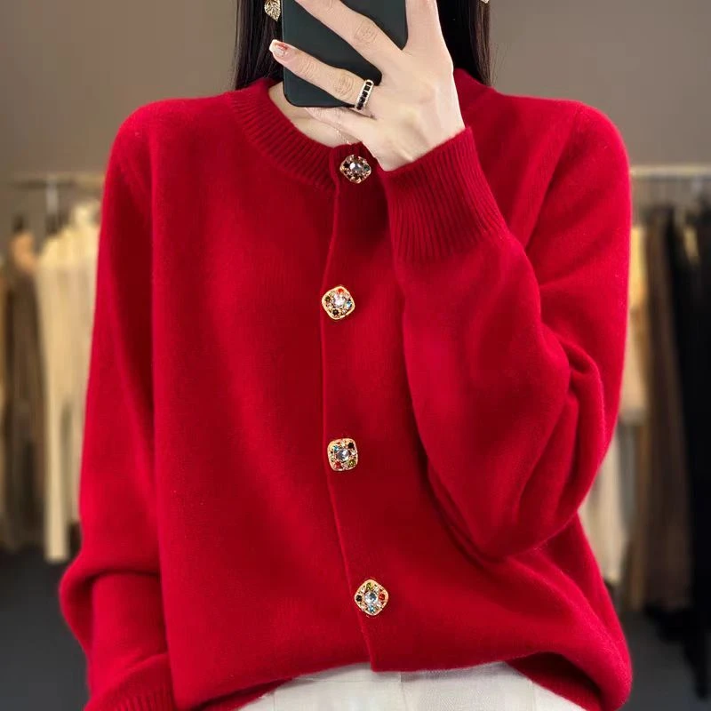 【钻扣】秋冬外套女2025新款彩钻纽扣圆领针织开衫女装毛衣
