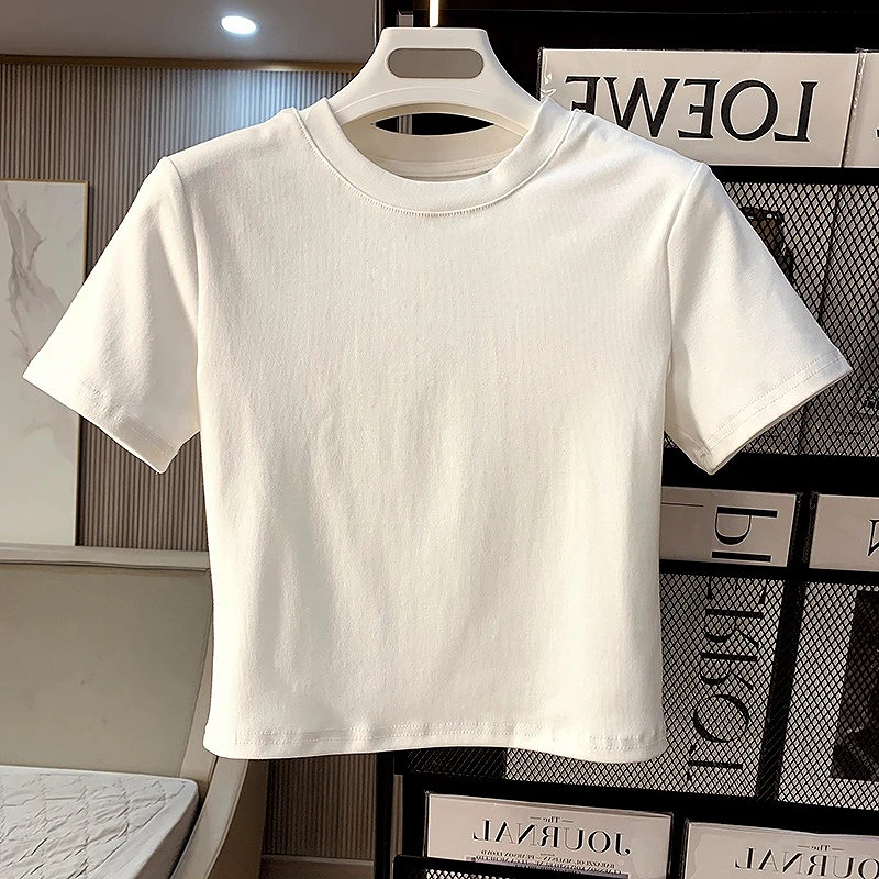 螺纹白色短袖t恤女短款内搭早秋搭配小圆领修身薄款露脐打底上衣t