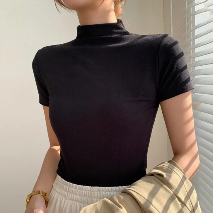 黑色半高领恤短袖女2024年夏季新款莫代尔紧身上衣正肩打底衫内搭