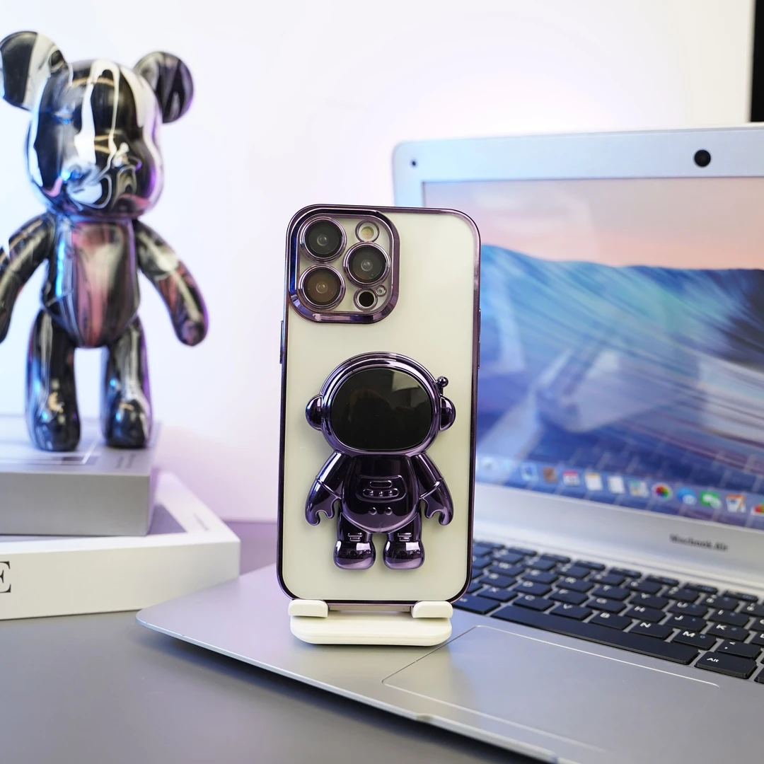 适用14promax透明电镀紫色太空人支架镜头膜保护壳宇航员卡通个性