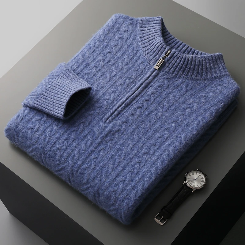 山羊绒衫男秋冬半高领拉链商务休闲针织外套大码打底上衣加厚保暖