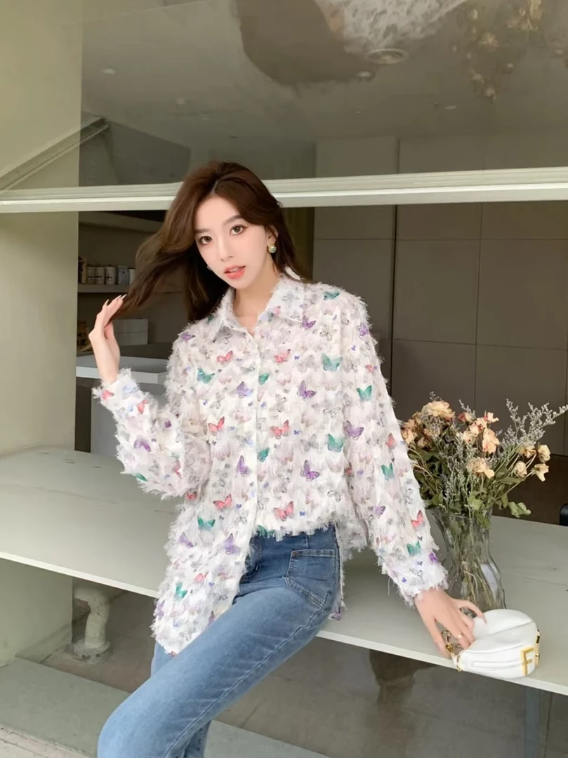 秋冬季时髦蝴蝶印花流苏长袖衬衫宽松流苏无性别设计衬衣
