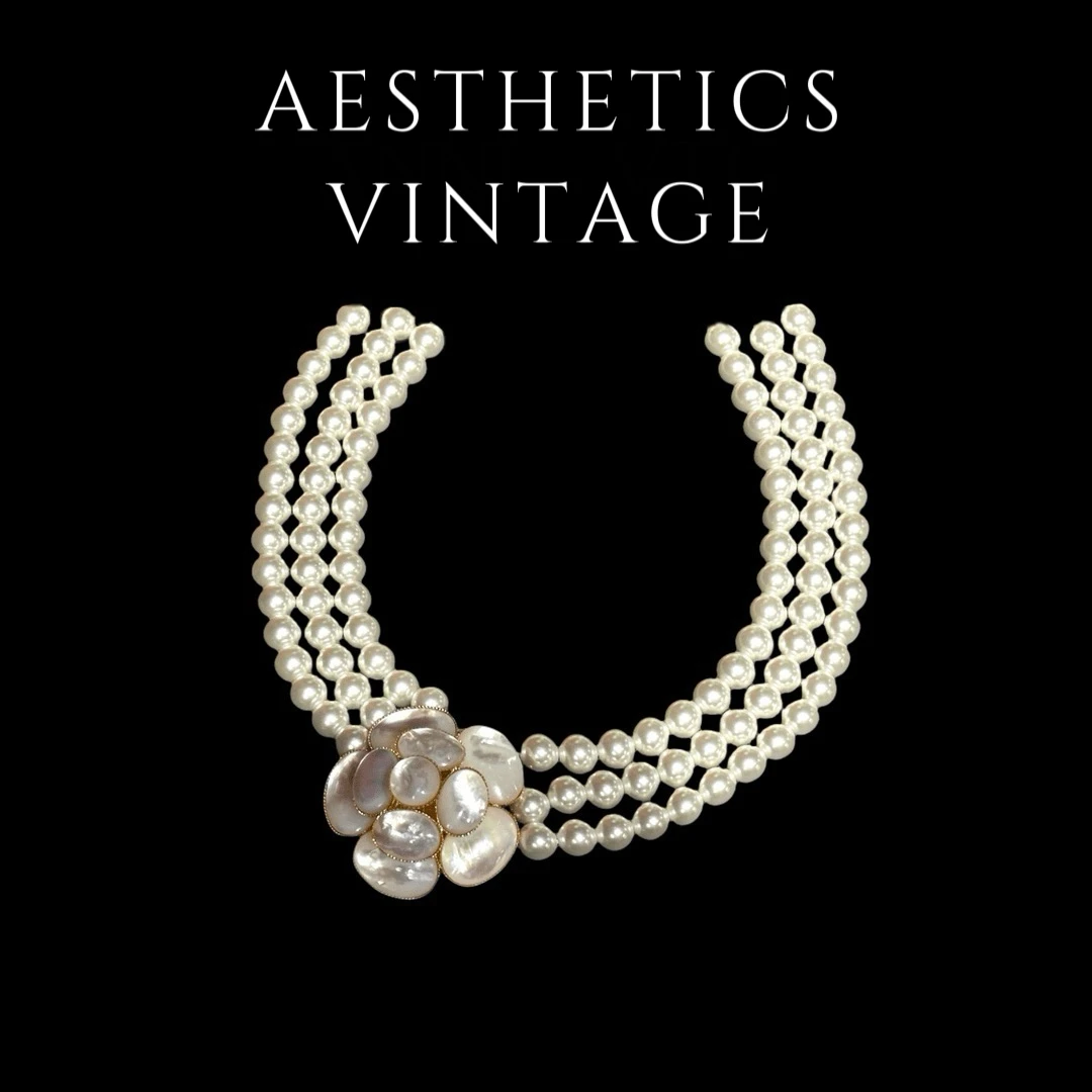 铜合金仿珍珠项链 【山茶花】三层项链无吊坠vintage中古首饰