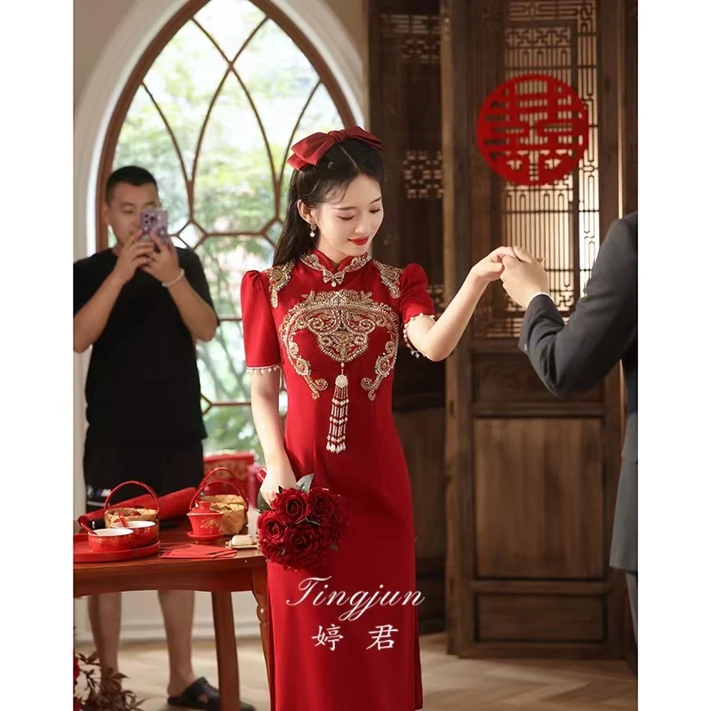 新中式旗袍敬酒服新娘酒红刺绣改良秀禾服小个子婚服气质礼服夏季