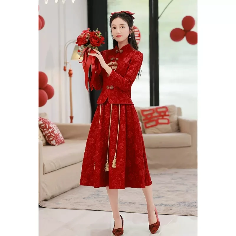 新中式敬酒服显瘦酒红色旗袍改良简约秀禾服夏季短袖两件套结婚服