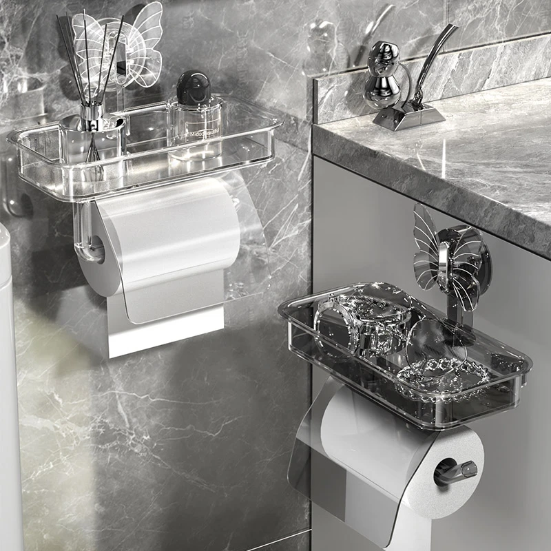 蝴蝶吸盘卷纸置物架家用卫生间免打孔收纳架浴室简约纸巾盒整理架
