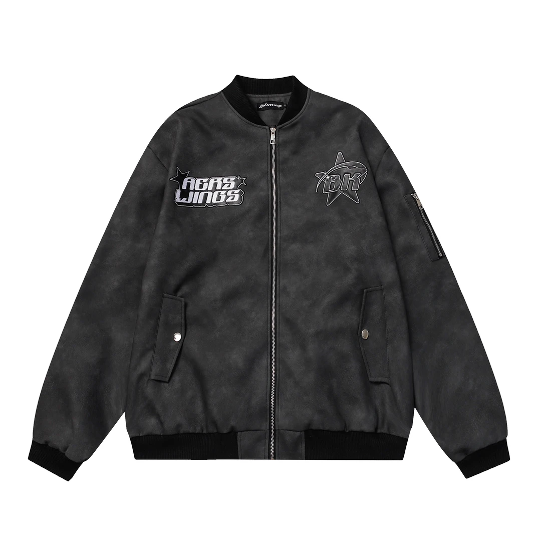 小柯同款 秋冬季潮流美式复古PU星星贴布绣花皮夹克外套AW1225