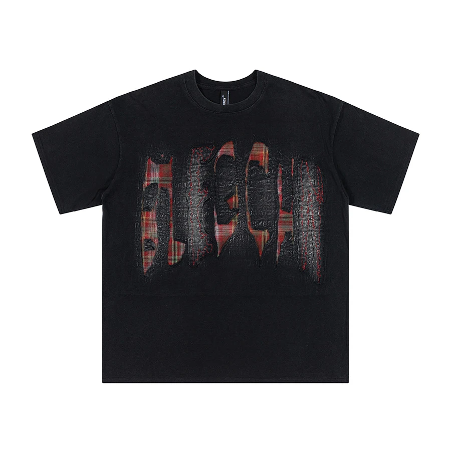 小柯XCOK 美式休闲夏季高街字母破洞设计感宽松百搭短袖T恤BT410F