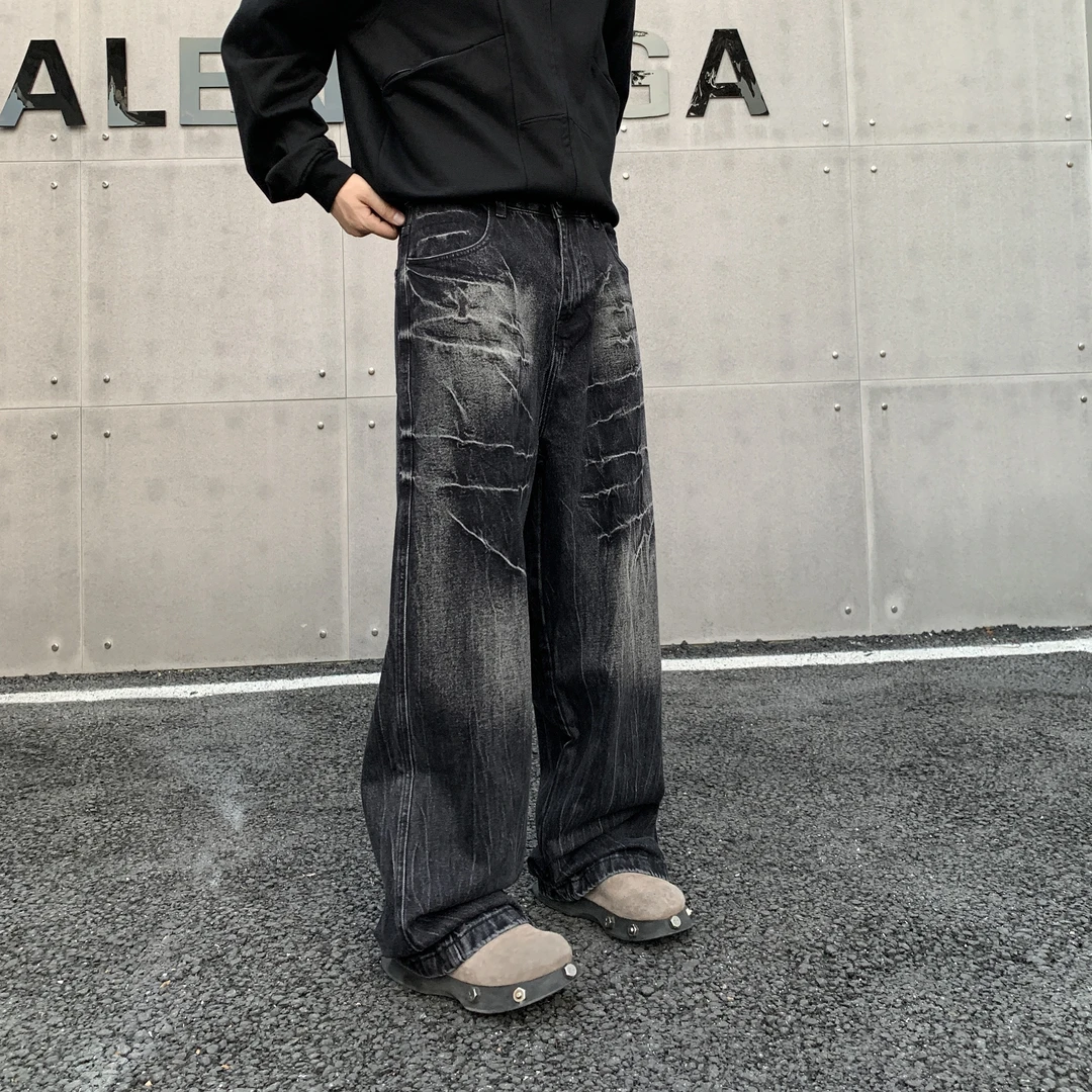 小柯XCOK美式复古水洗做旧闪电烫纹直筒牛仔裤宽松阔腿裤子D1650